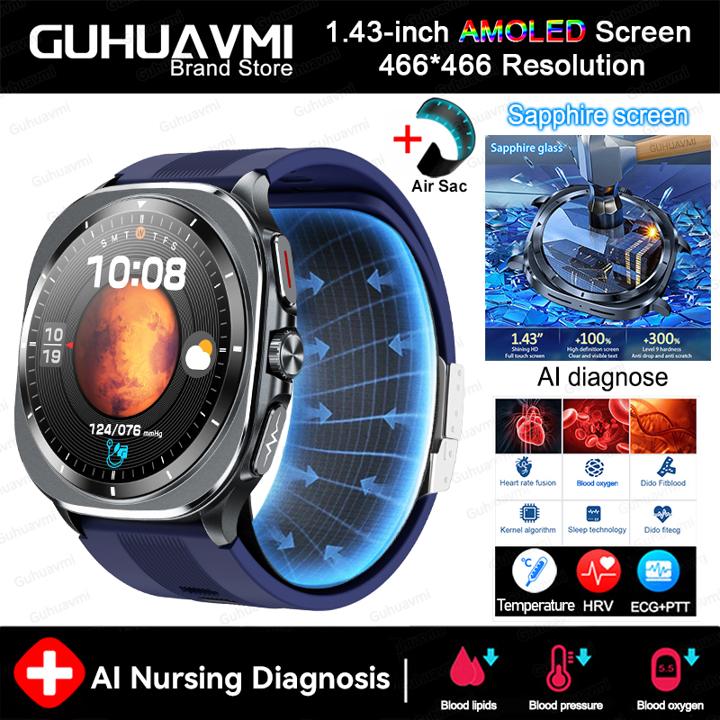 2025 New Health Nursing Accurate Measure Blood pressure Smart Watch With Air pump airbag Blood lipids Uric acid Smartwatch Men