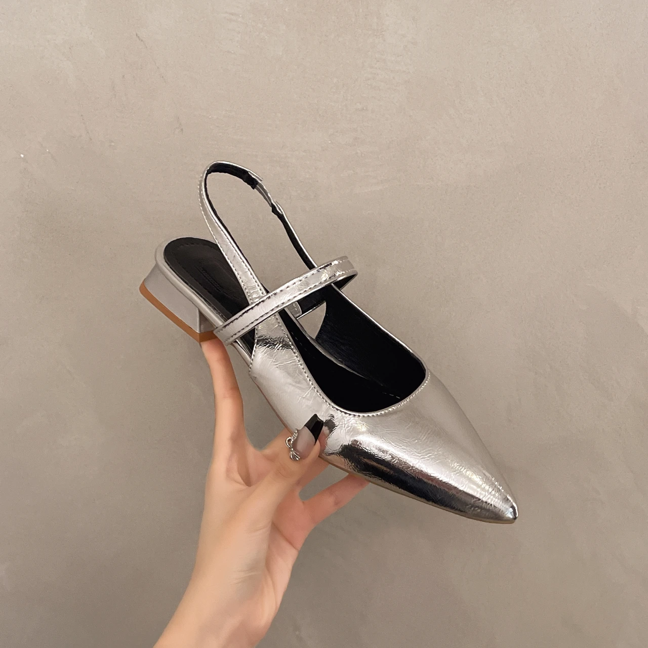 New Women Baotou Patent Leather One Line Buckle Strap Cat Heel Sandals Female Sexy Black Silk Pointed Thin Heel Flat Shoes