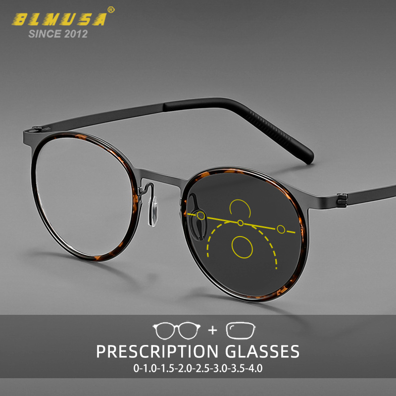 BLMUSA Vintage Round Optical Frame Anti Blue Light Reading Glasses for Men Ultralight Titanium Progressive Photochromic Glasses