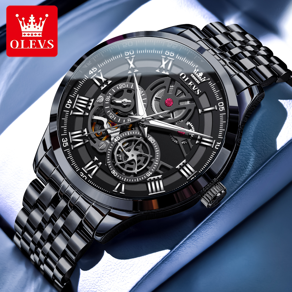 OLEVS Original Skeleton Mechanical Roman Numeral Watch Automatic Luxury Watch Stainless Steel Watches For Men Waterproof 7076