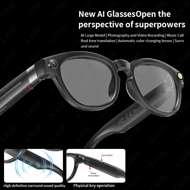 LIGE 4K 800W HD Camera Smart Glasses Recording Videos 290mAh AI Photo Recognition Chat Translation Bluetooth Photochromic Lenses