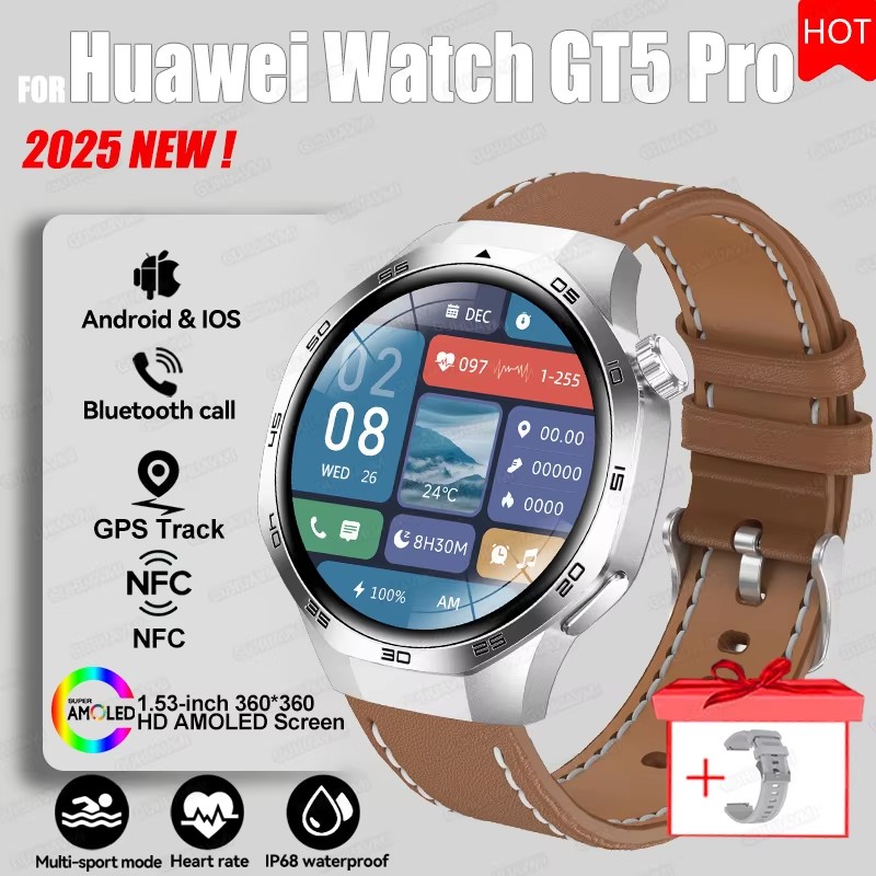 2025 For HUAWEI GT5 Pro GPS Track Smart Watch Men 360*360 AMOLED Screen NFC BT Call Waterproof Health Monitor Man Smartwatches