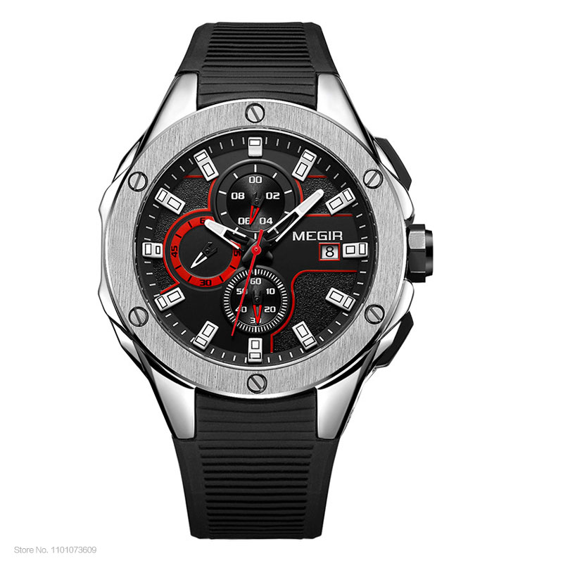 MEGIR Men's Sports Quartz Watches Fashion Silicone Strap Chronograph Wristwatch for Man Luminous Hands Waterproof 2053GBK