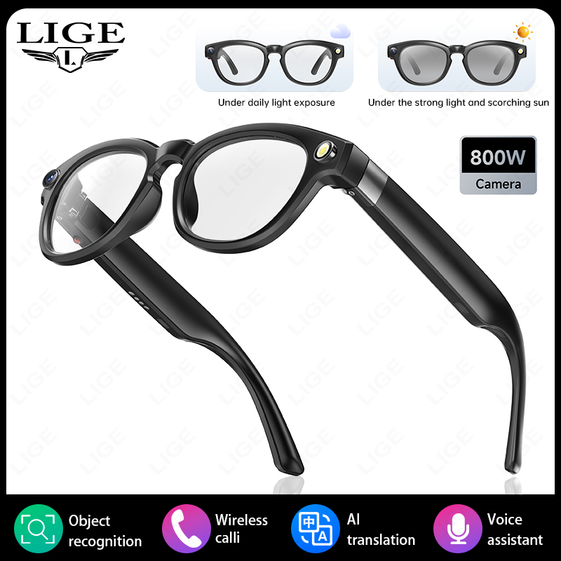 LIGE 4K 800W HD Camera Smart Glasses Recording Videos 290mAh AI Photo Recognition Chat Translation Bluetooth Photochromic Lenses