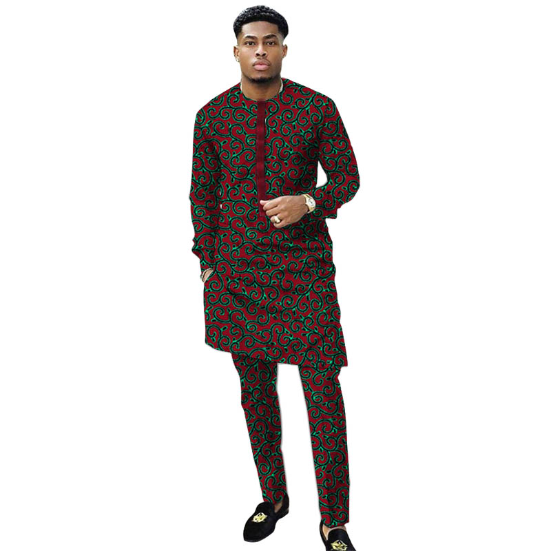 Nigerian Print Men Clothes Set Dashiki Shirts With Trousers Male Pant Suits Traditional Style African Pattern Wedding Wear