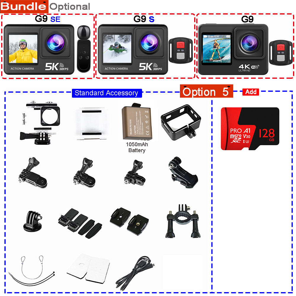 Action Camera 5K 4K60FPS 50MP 2.0 Touch EIS Pre-Record Wireless Mic Wi-Fi 170D DVR Webcam Waterproof 30M 5X Zoom Sports Camera