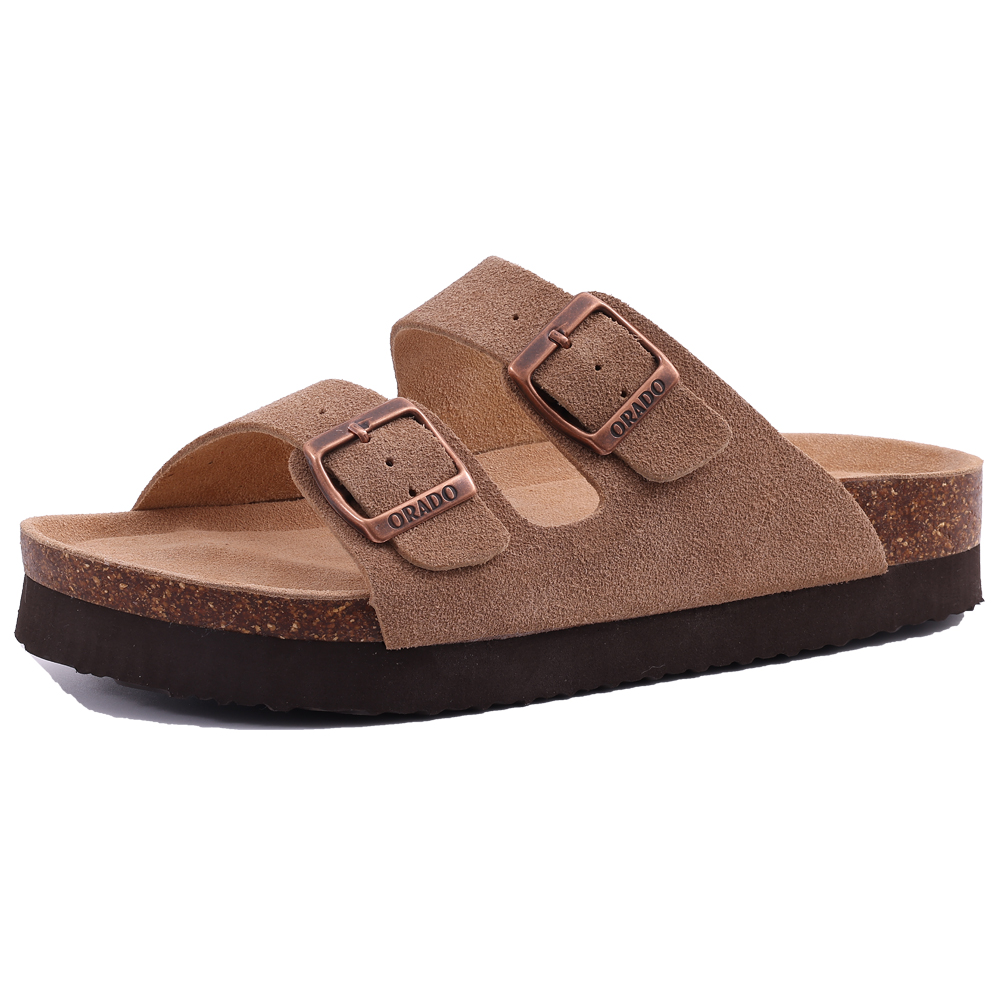 Comwarm Men's Cork Footbed Slides Sandals Arch Support Summer Outdoor Sandals with Adjustable Buckle Leisure Men Leather Slides