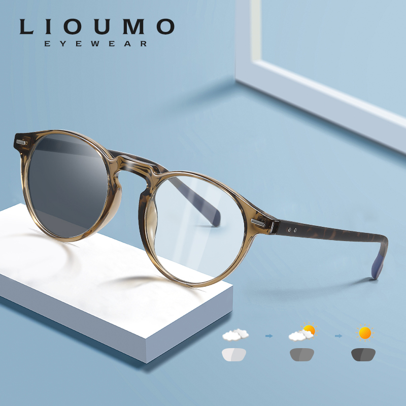 LIOUMO Round Glasses For Computer Anti-Blue Blocking Eyeglasses Men Women Change Color Lenses Photochromic Eyewear
