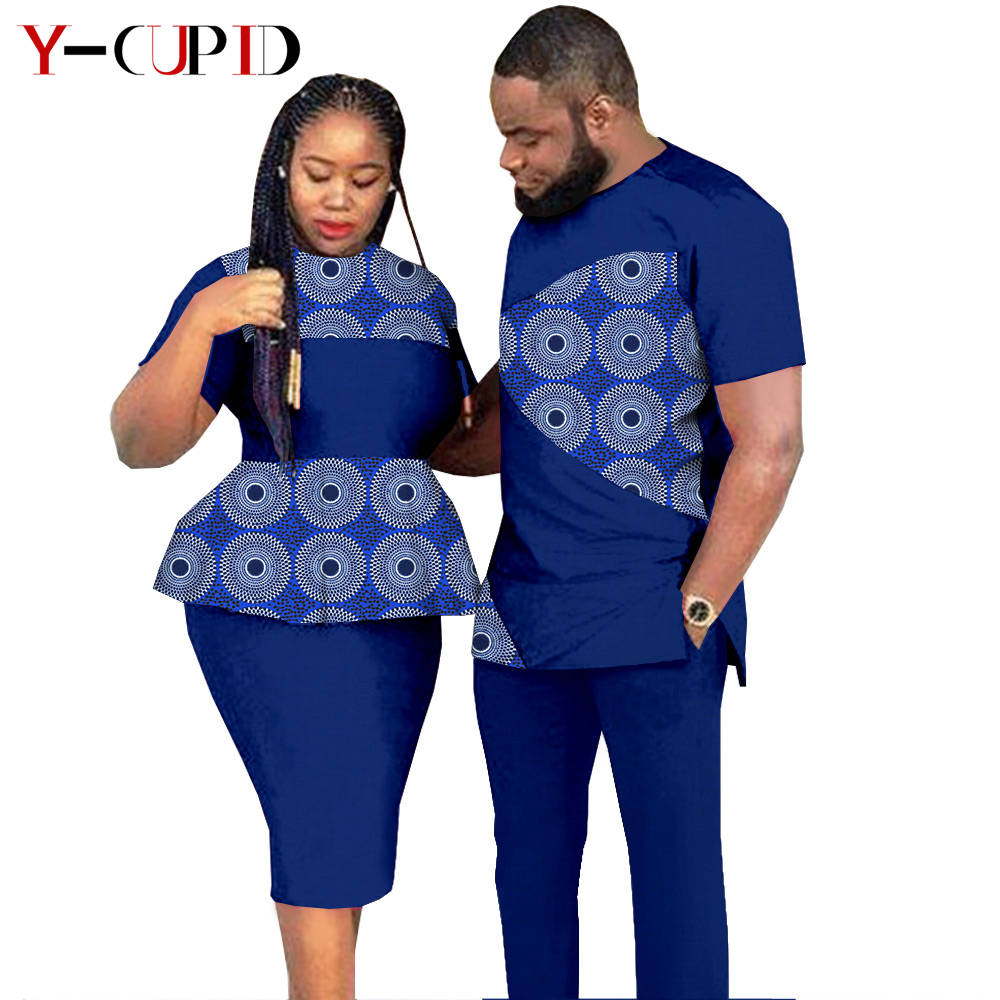African Clothes for Couples Dashiki Women Patchwork Print Dresses Matching Men Outfit Top and Pants Sets Love Party Wear S20C010