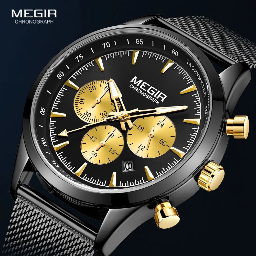 MEGIR Military Sports Watches Men 2020 New Luxury Waterproof Luminous Wristwatch Man Black Gold Mesh Band Chronograph Watch 2153