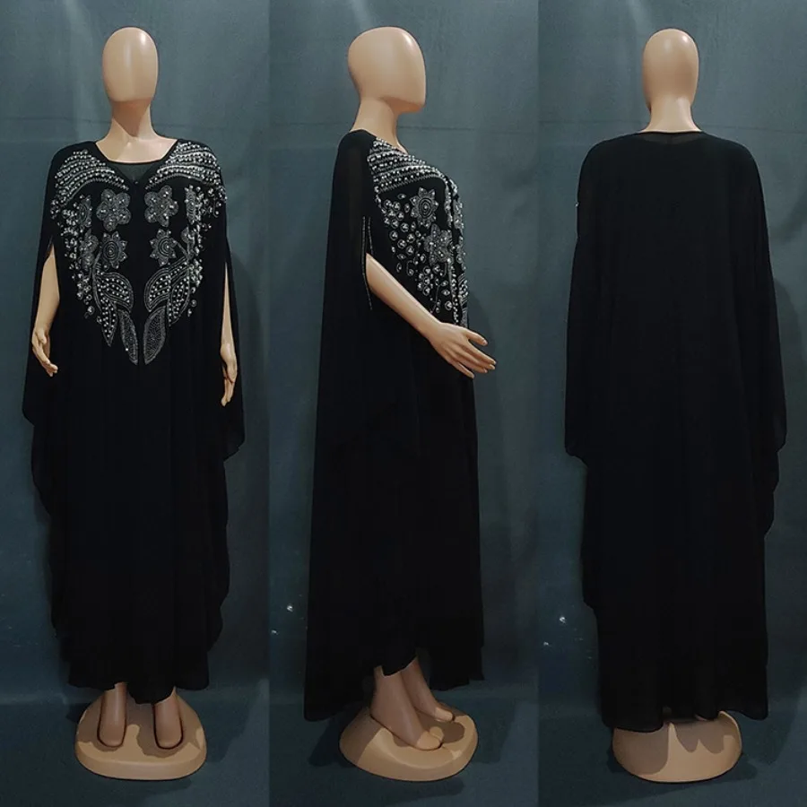 Customized CustomizedNew African Dashiki Women's Fashion Abaya Stylish Chiffon Fabrics Hot Drilling Loose Long Dress Free Size +