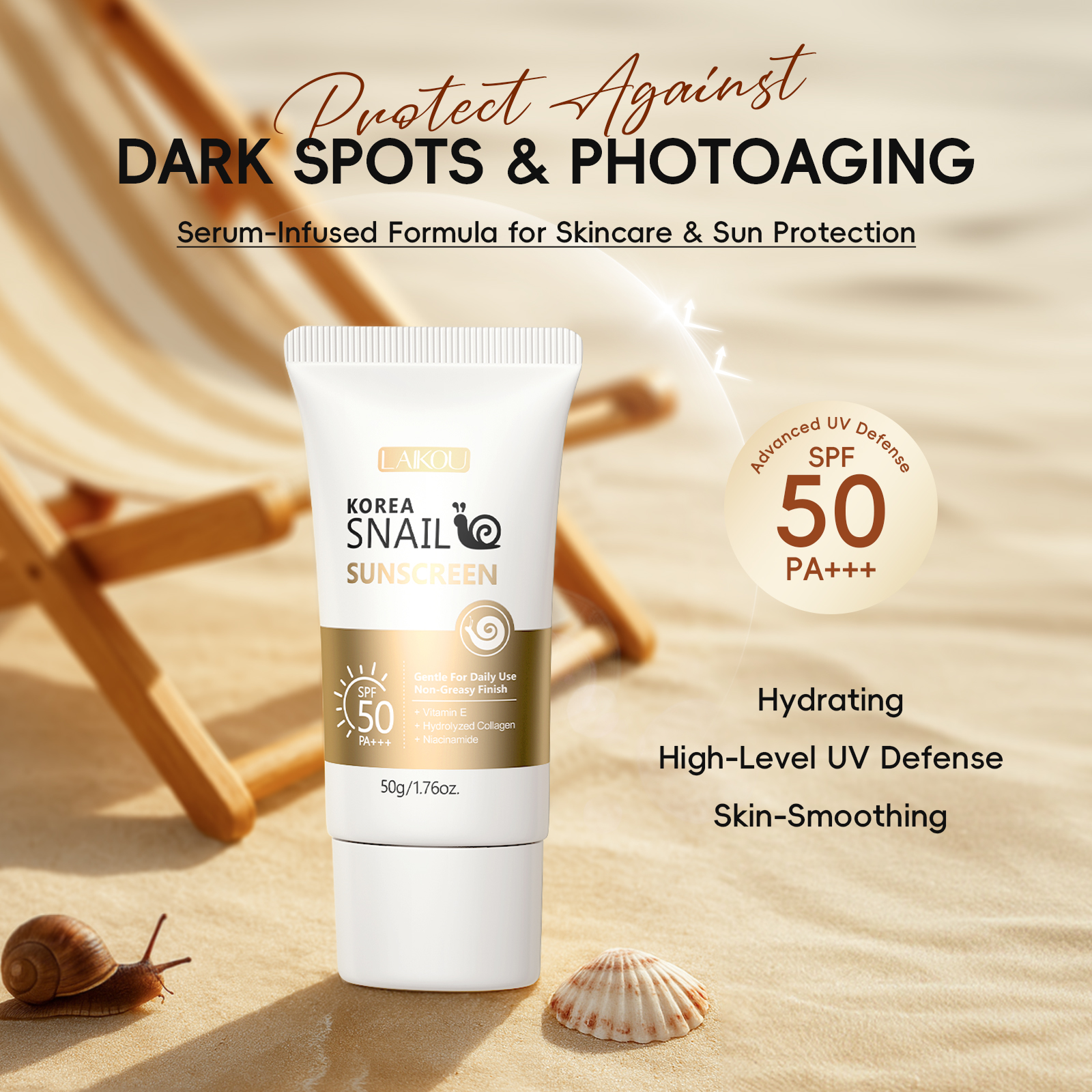 LAIKOU Snail Sunscreen SPF50 PA+++ Moisturizing Age Defense Korean Beauty Product 50g