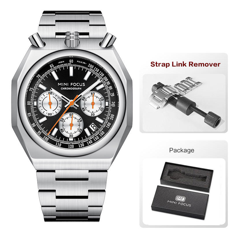 MINI FOCUS Chronograph Quartz Watch for Men Fashion Waterproof Luminous Wristwatch with Calendar Stainless Steel Strap 0601
