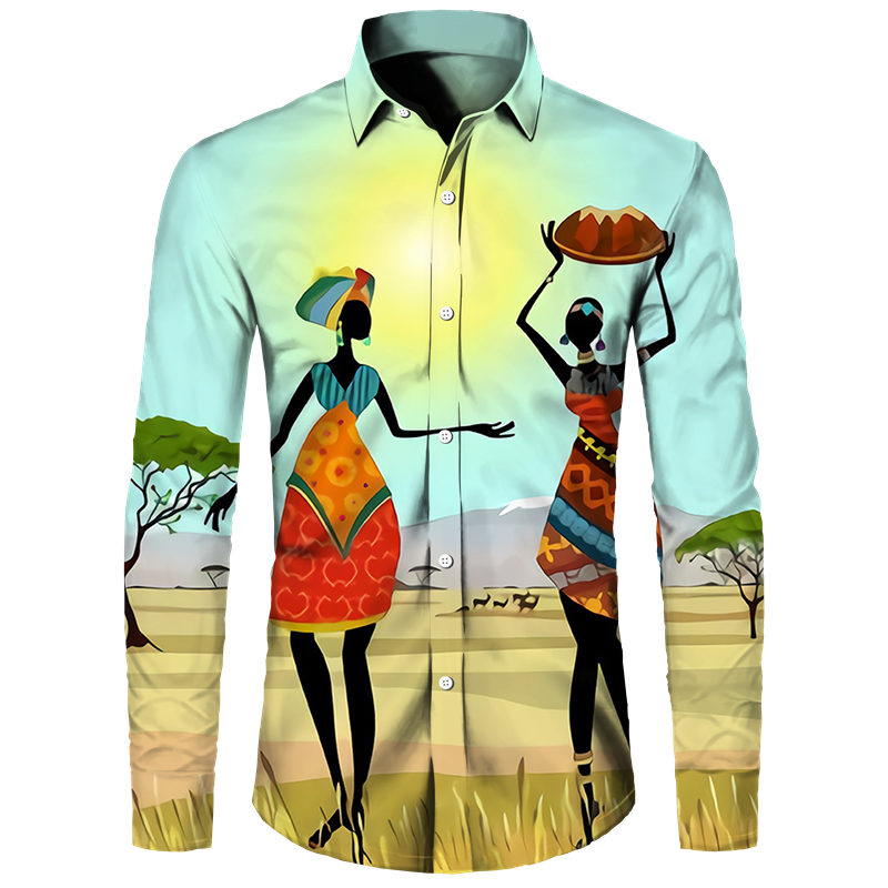 African Ethnic Pattern Hawaiian Shirts For Men Retro Drum 3D Printed Blouse Autumn Fashion Casual Loose Aloha Shirts Long Sleeve