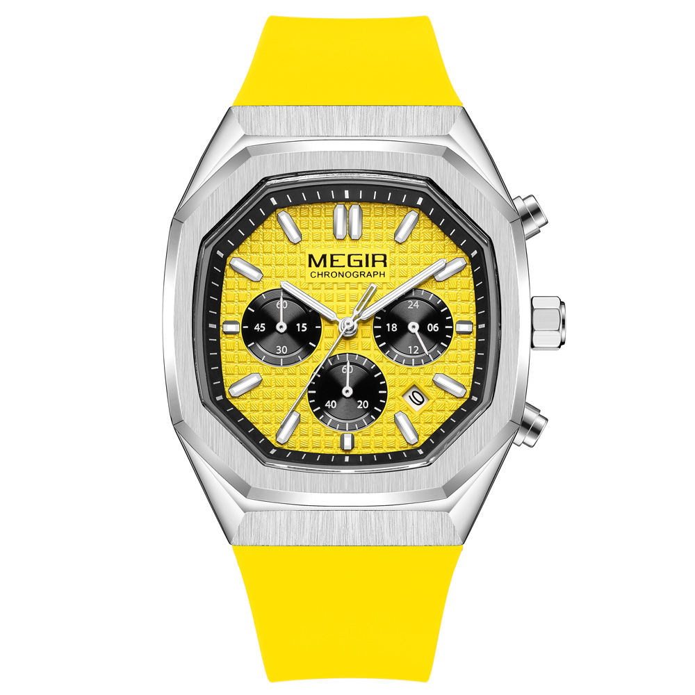 MEGIR Octagon Dial Silicone Strap Watch for Men Casual Yellow Chronograph Quartz Male Student Wristwatch with Date 24-hour 2215