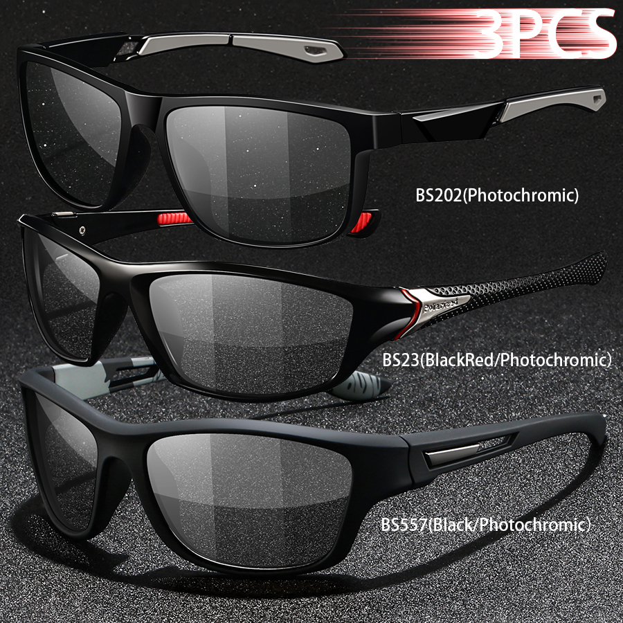 3PCS Photochromic Polarized Sports Vintage Sunglasses Men Women Cycling Driving Mountaineering Chameleon Sun Glasses UV400Eyewer