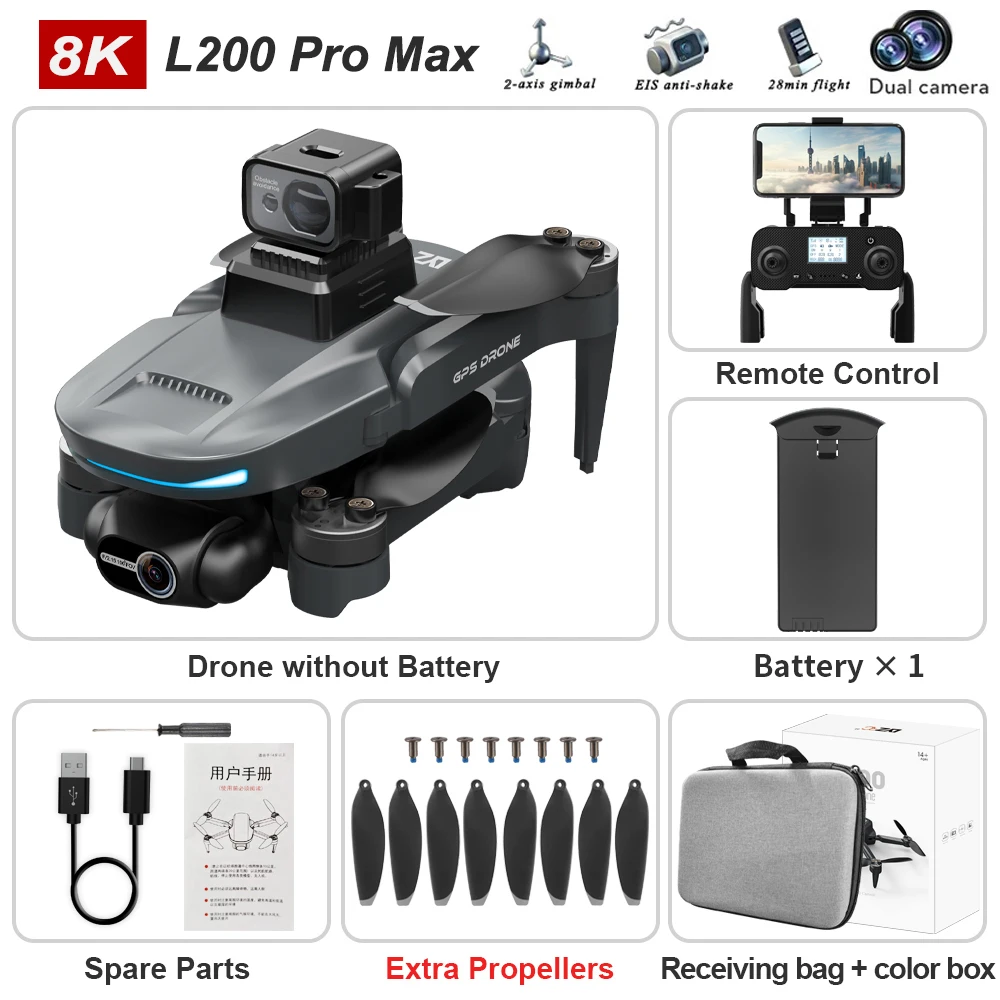 New L200 PRO MAX 4K Professional Drone GPS EIS Dual Camera Obstacle Avoidance Flight 2-axis PTZ Brushless Helicopter GPS RC toys