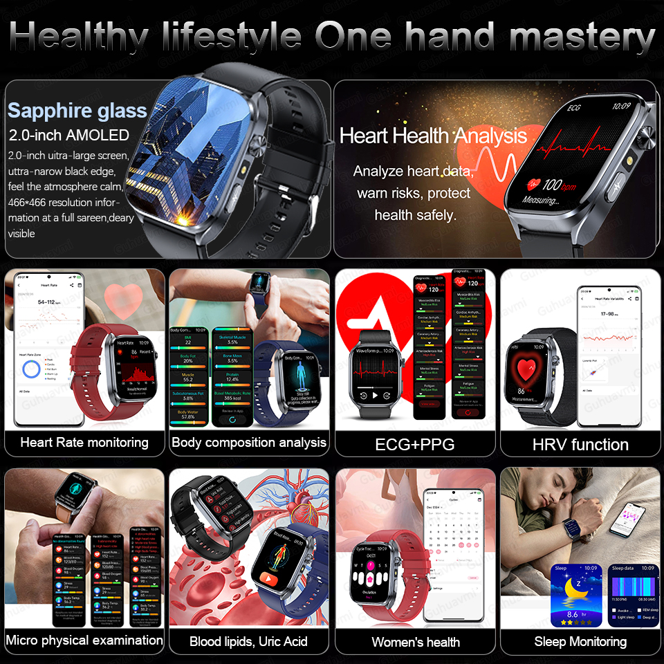 Body Composition analysis Monitoring Smart Watch Men ECG Heart Rate Blood pressure Uric Acid Health Tracker Smartwatches 2025New