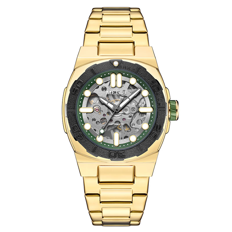 MEGIR Business Style Watch for Men Fashion Automatic Mechanical Wristwatch with Transparent Skeleton Dial & Stainless Steel Band