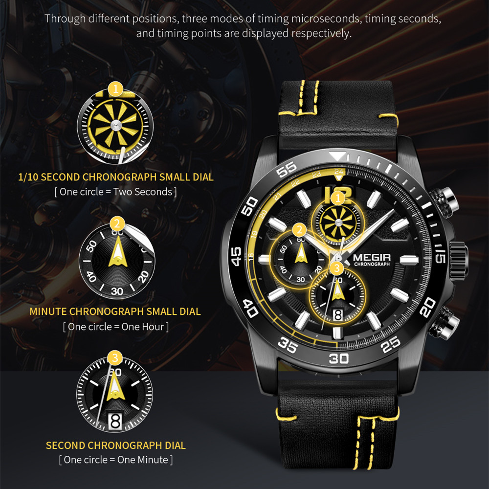 MEGIR Brand Original Men Watches Quartz Chronograph Luxury Leather Strap Sports Military Watch Waterproof Date Clock Wristwatch