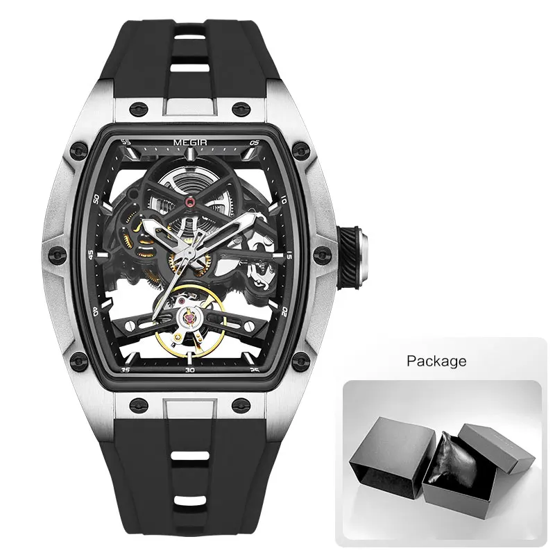MEGIR Automatic Wristwatch Men Fashion Black Silicone Strap Wateproof Luminous Sport Mechanical Watch with Tonneau Dial 2242