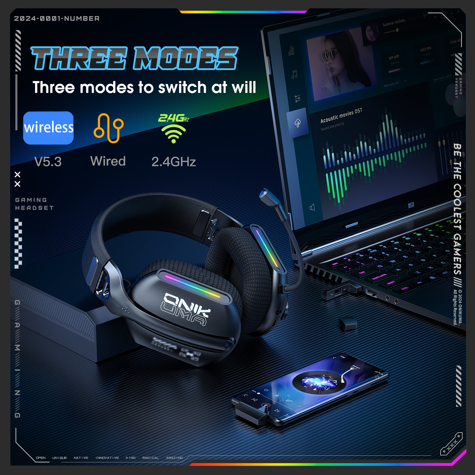 ONIKUMA GT808 Wireless Headset 2.4GHz Wireless Muffler Headset for PS5 PS4 PC Mac Gaming Headphones with RGB microphone