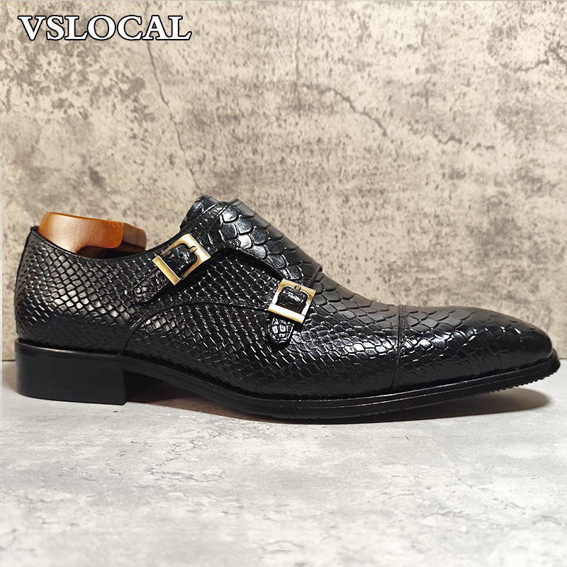 Luxury Men's Loafers Shoes Snake Prints Formal Dress Mens Casual Shoes Black Brown Genuine Leather Double Monk Shoes Men