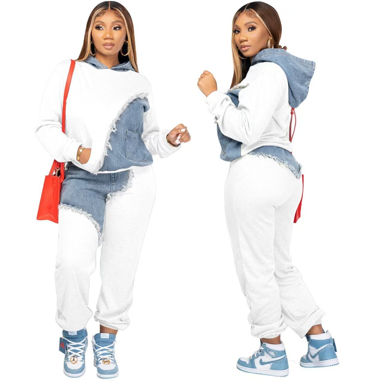 2 Piece Women Set Dashiki African Clothes Spring Autumn New Fashion Long Sleeve Denim Top And Pants Suit Party Matching Sets