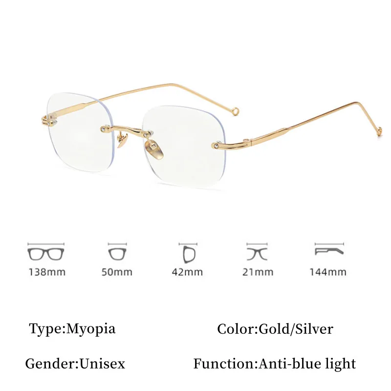 High Quality Myopia Glasses Unisex Square Frameless Frame Anti-blue Light Eyeglasses Nearsighted Prescription Eyewear Diopter