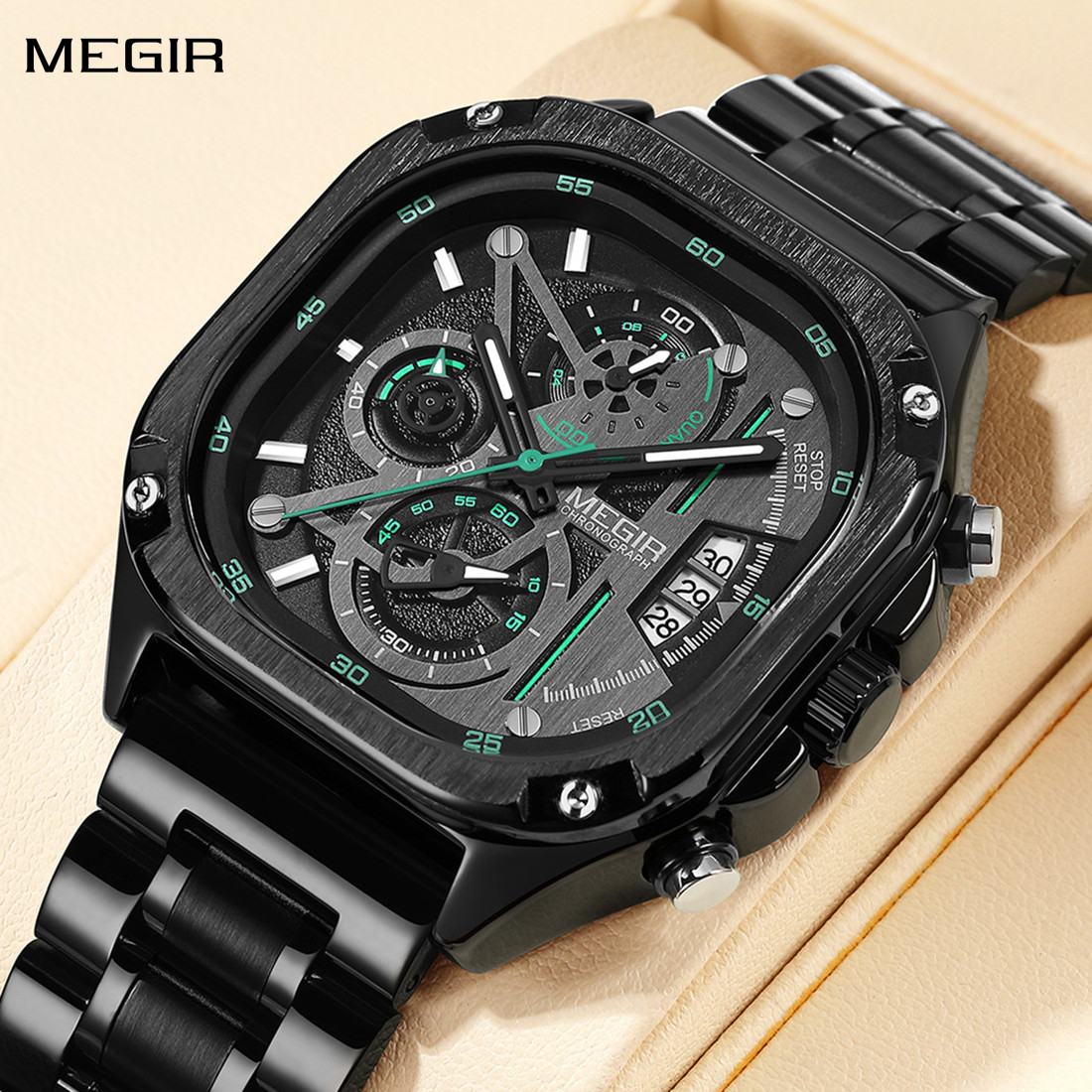 MEGIR Luxury Mens Stainless Steel Watches Fashion Brand Business Quartz Wristwatch Date Luminous Chronograph Casual Clock 2217