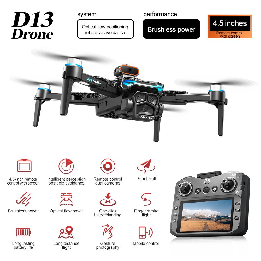 New D13 RC Drone 4K Professional HD Triple Camera 5G WIFI FPV Dron 360° Obstacle Avoidance Brushless Large Screen Quadcopter Toy