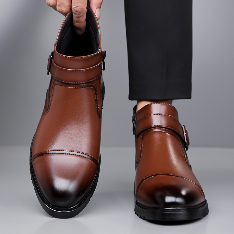 Winter New Mid Top Formal Business Shoes, Casual Leather Short Boots, Side Zipper Design, Waterproof and Windproof Riding Boots