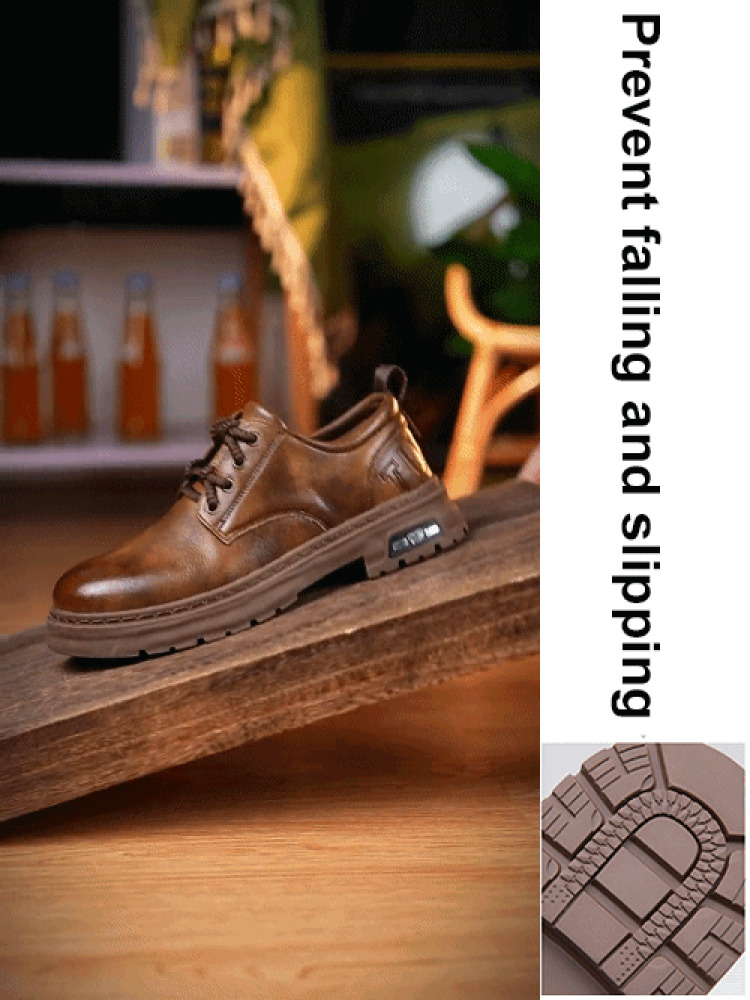 Men's Outdoor Casual Leather Shoes Dad Big Head Leather Shoes Lace Free Retro Men's Shoes Antiskid Outdoor Oxford Work Shoes