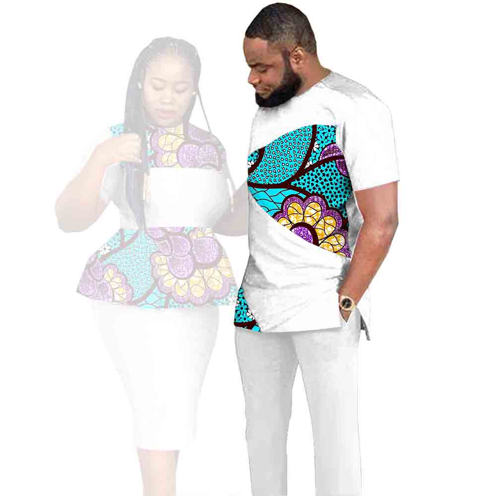 African Clothes for Couples Dashiki Women Patchwork Print Dresses Matching Men Outfit Top and Pants Sets Love Party Wear S20C010