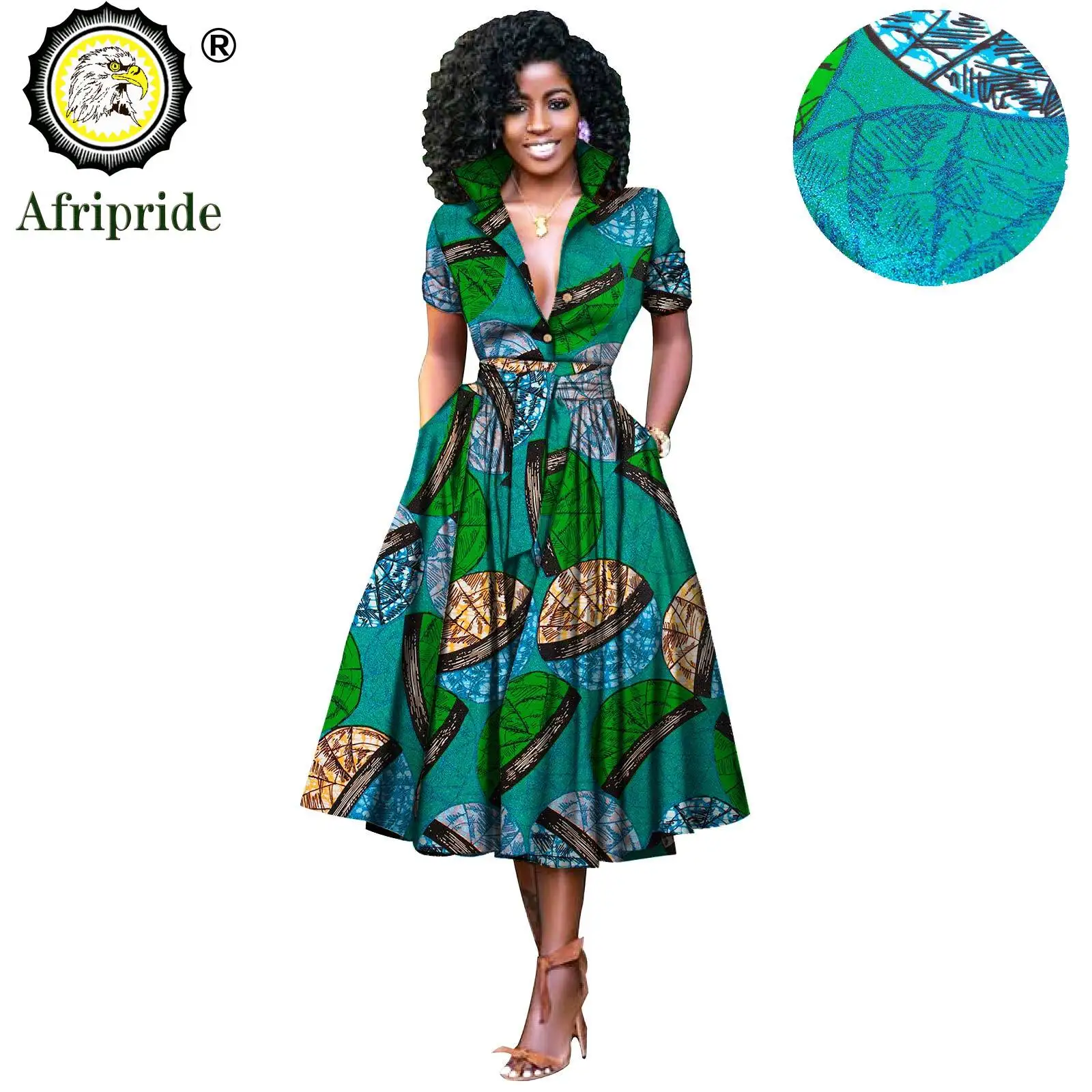 African Dresses for Women Short Sleeve V-neck High Waist Ankara Fabric Print Formal Dress Pure Cotton Bazin Riche Dress S2025072