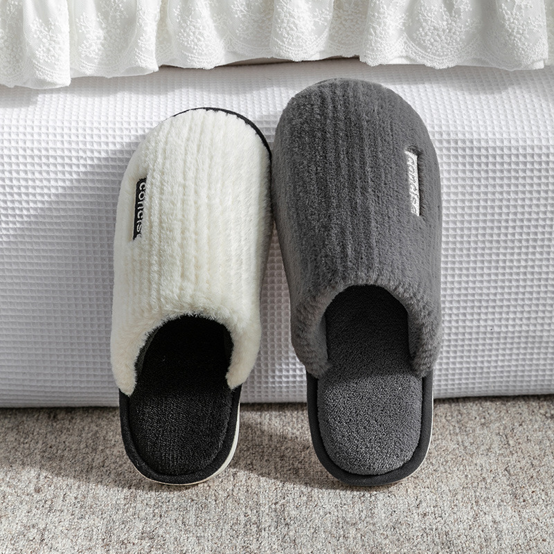 Indoor Slippers Women Men Autumn Winter Thick Sole House Warm Fur Shoes Couples Home Non-Slip Large Size Men'S Cotton Slippers