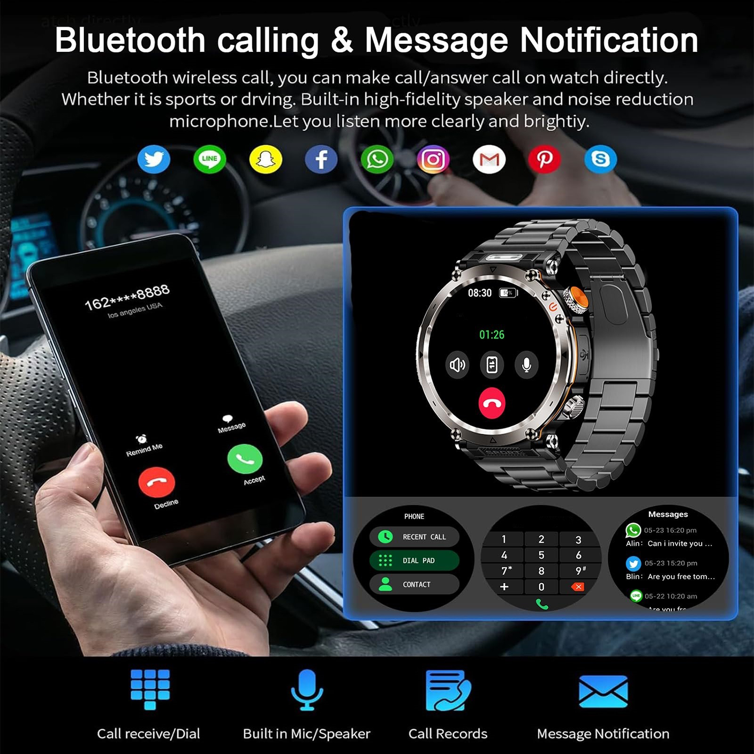 5ATM Outdoor Smart Watch Men 600mAh LED Flashlight SmartWatch Compass Bluetooth call Heart rate IP 68 Sports Smartwatch 2025 New