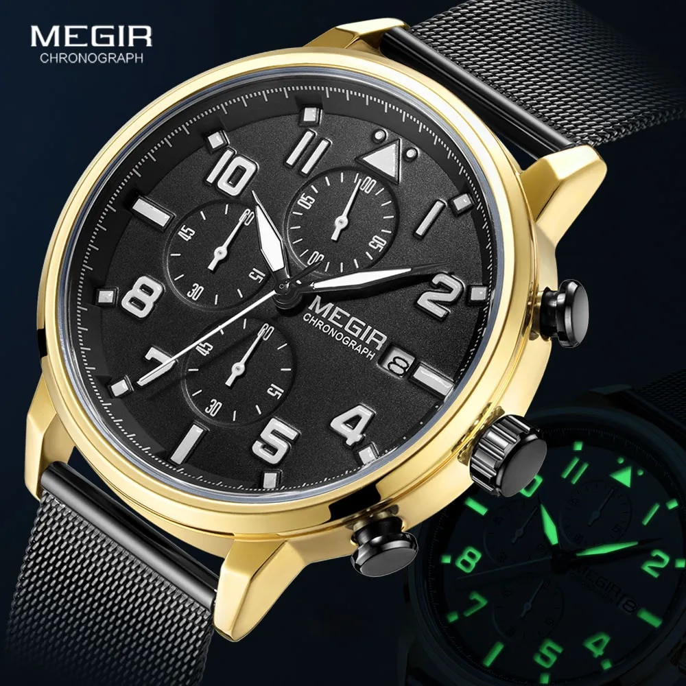 MEGIR 2020 Luxury Men's Watches Fashion Stainless Steel Mesh Strap Chronograph Quartz Watch Man Wristwatch Montre homme de luxe