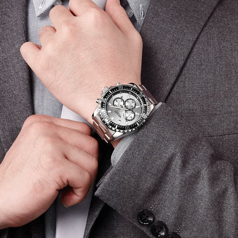 MEGIR Men's Stainless Steel Waterproof Luminous Wristwatch Chronograph Sport Quartz Analogue white Three-eyes Watches for Mens