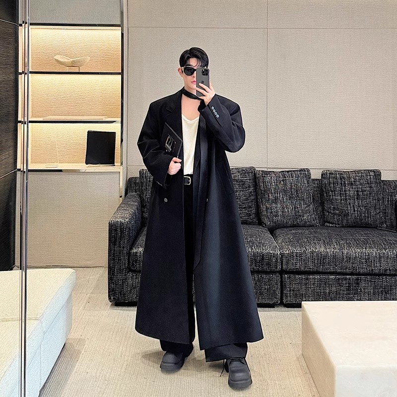 Mauroicardi Spring Autumn Extra Logn Black Oversized Flowy Soft Trench Coat for Men with Back High Slit Loose Casual Overcoat