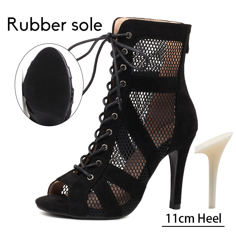 Women Latin Dance Shoes Black Boots High-Top High Heels Salsa Sandals Mesh Tango Boots Ladies Woman Party Ballroom Dance Shoes