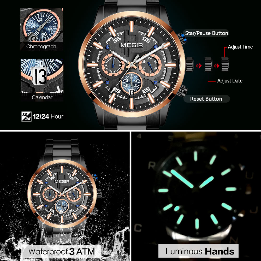 MEGIR Formal Dress Watch Men Luminous Chronograph Quartz Wristwatch with Stainless Steel Strap Auto Date 24-hour Black Rose Gold