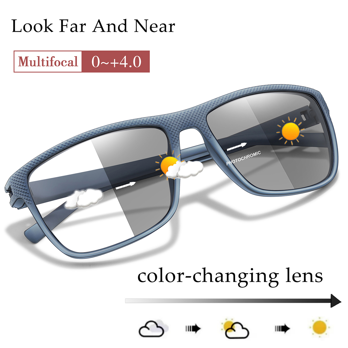 Ultra-Lightweight Rectangular Photochromic Reading Glasses Presbyopic Spectacles for Middle-Aged Elderly Daily Wear Surf