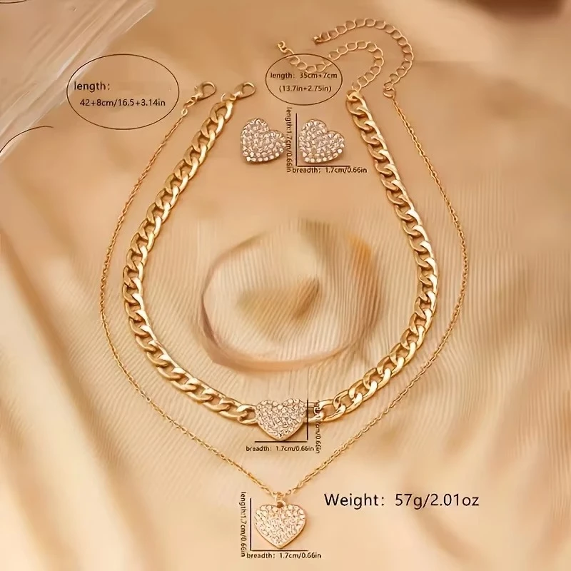 Diamond-Encrusted Heart Lock Pendant Necklace - Three-Piece Hip Hop Style Choker Set