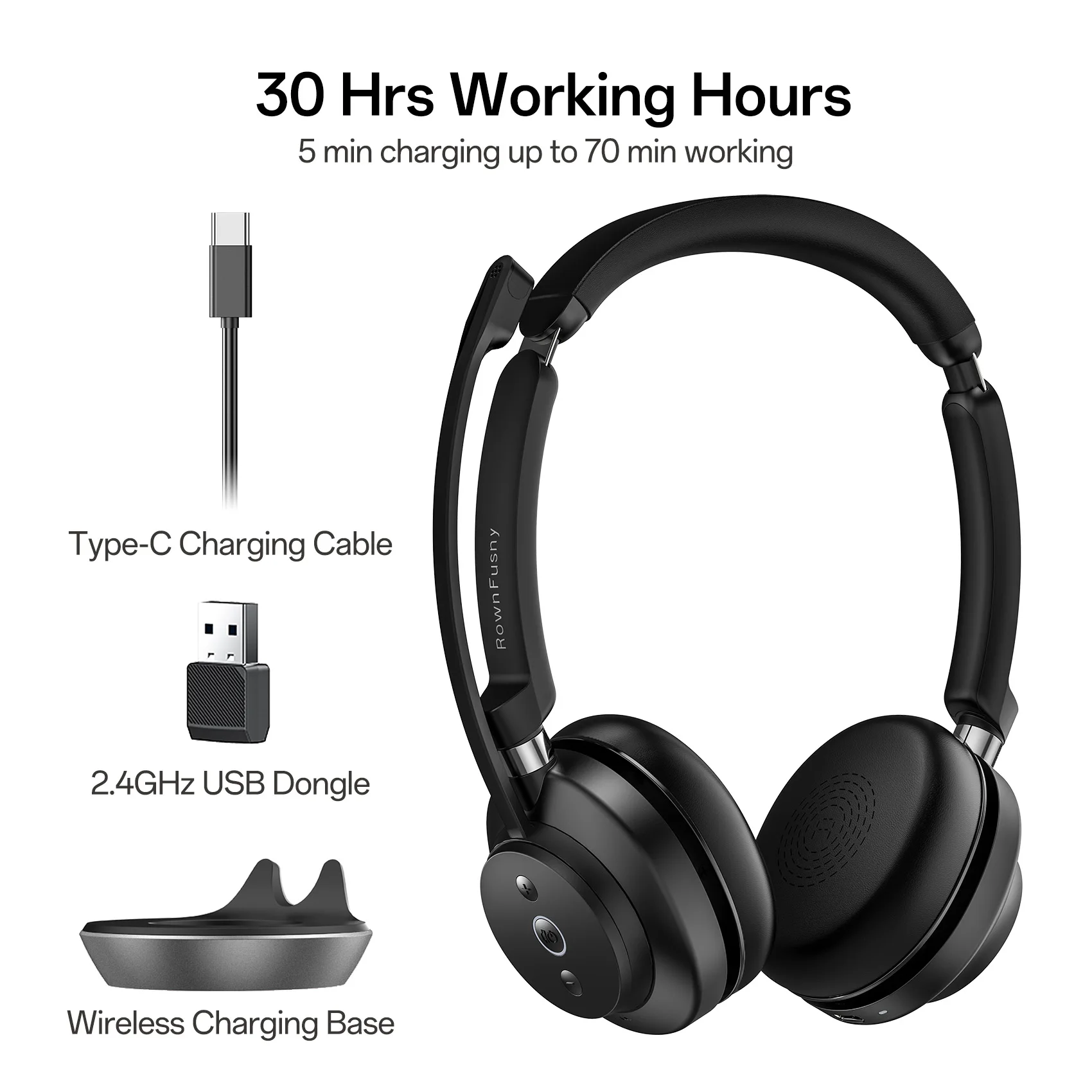Rownfusny R02 Wireless Headset with Mic for Work USB Dongle Bluetooth Over Ear Headphones for Call Center Noise Cancelling