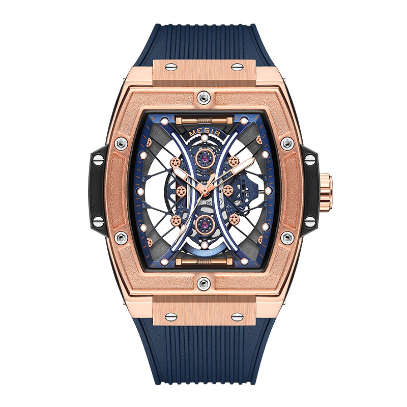 MEGIR Fashion Analog Quartz Watch Men Tonneau Dial Waterproof Military Sport Wristwatch with Luminous Hands Orange Silicone Band