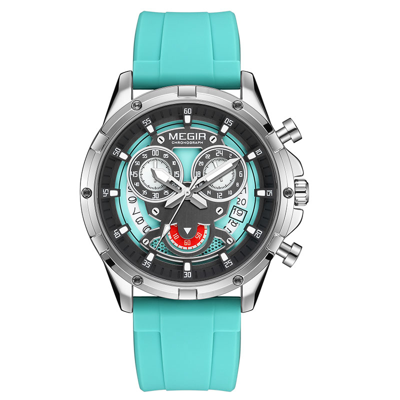 MEGIR Men's Quartz Watch with White Silicone Strap Luminous Hands Fashion Sport Waterproof Chronograph Wristwatch with Calendar