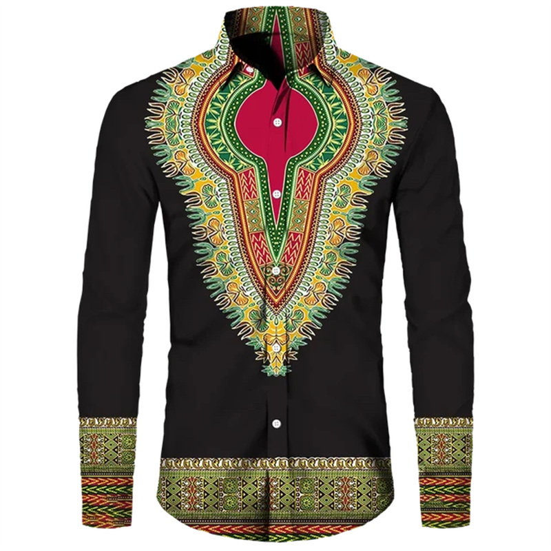 Colorful African Pattern Hawaiian Shirts For Men Retro Ethnic 3D Printed Blouse Casual Loose Aloha Shirts Long Sleeves Tops