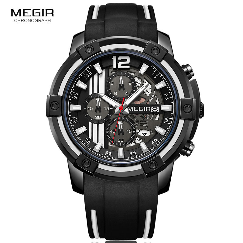 Megir Men's Sports Quartz Watches Silicone Strap Army Chronograph 3atm Waterproof Wristwatch for Man Clock Relogios 2097 Black