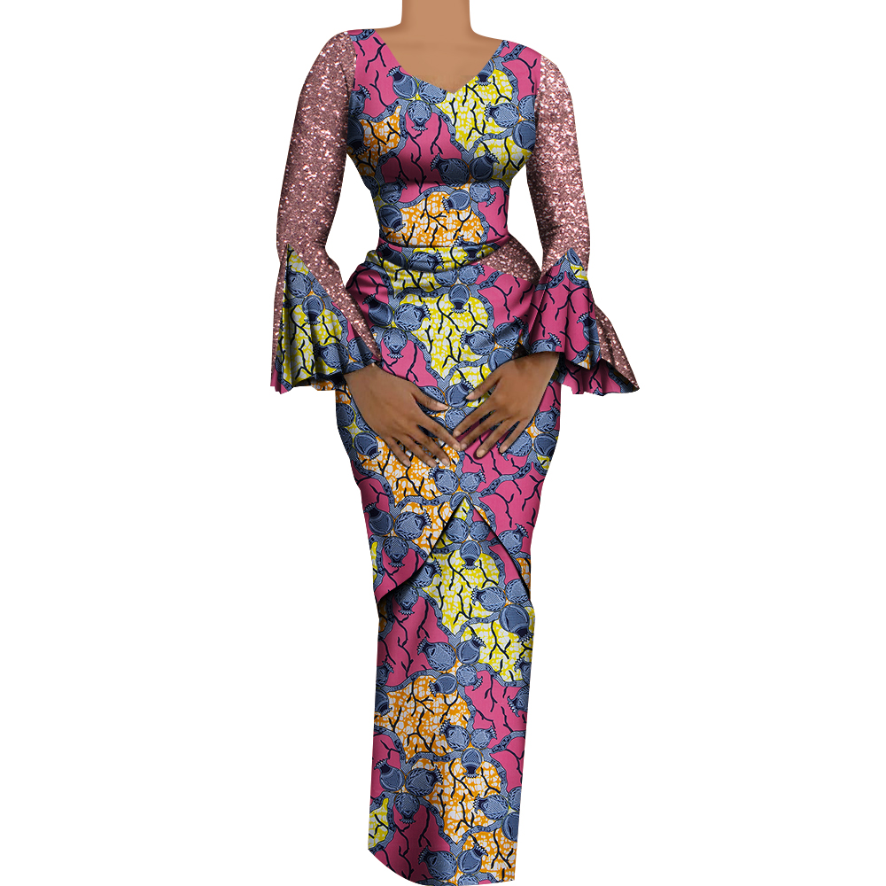 Women African Outfits 2 Pieces Set Shiny Flare Sleeves V Neck Tops and Long Pencil Skirts African Clothes for Women WY9972